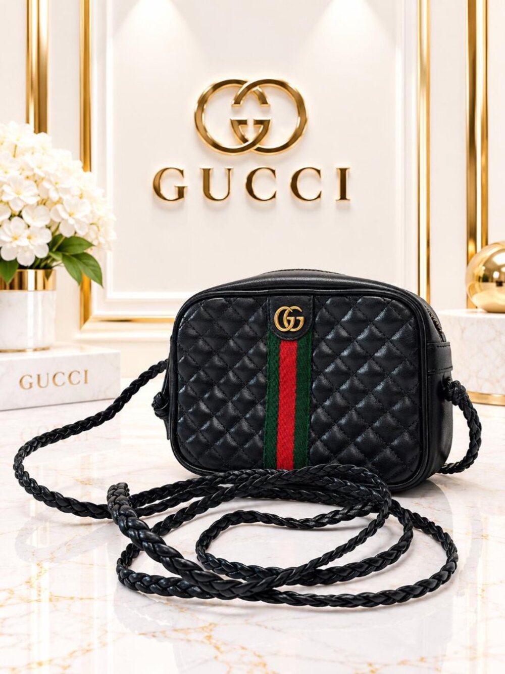 Authentic Gucci Ophidia Quilted Leather Web Stripe Crossbody Camera Bag